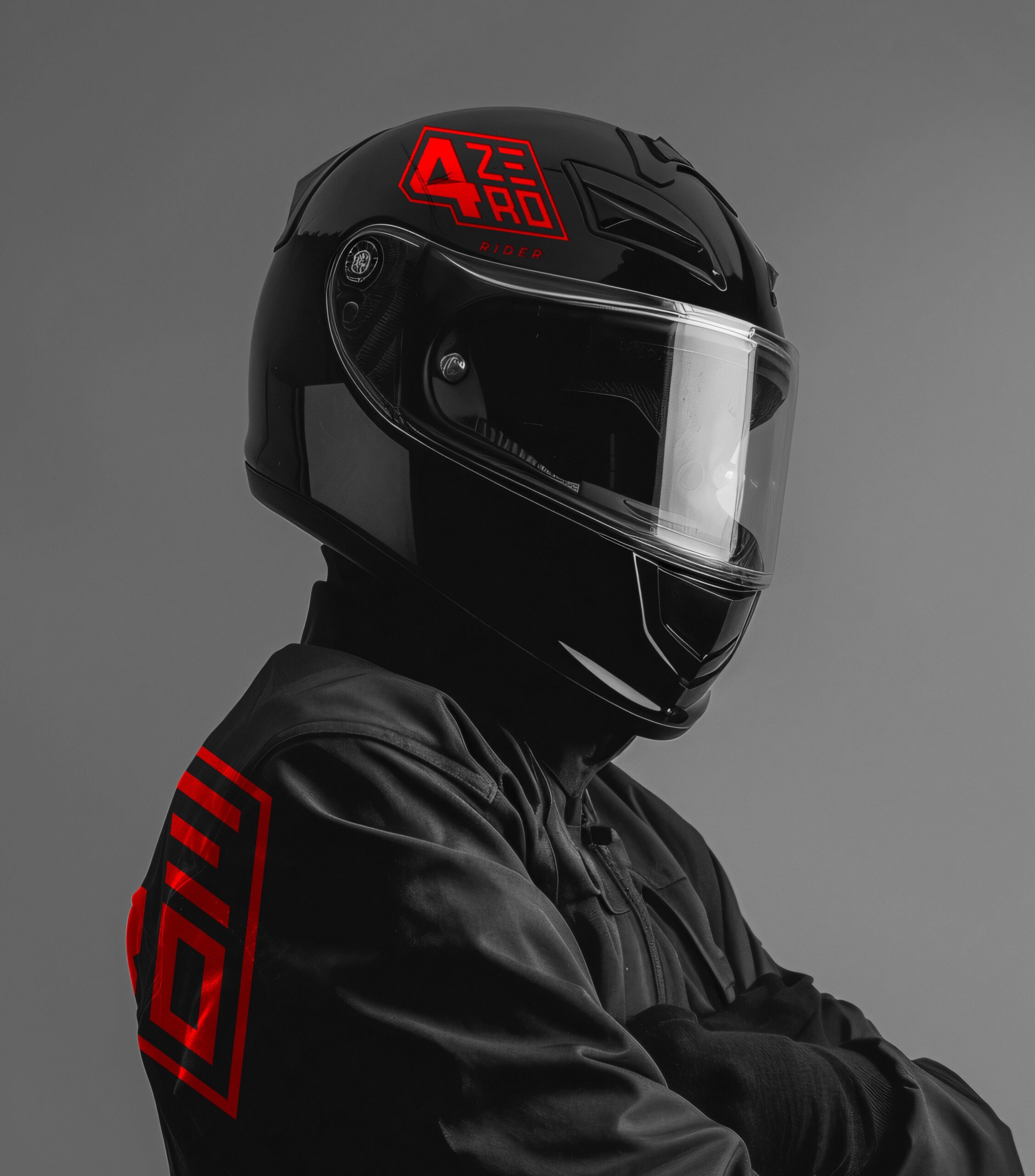 Aplicação do logotipo do projeto 4Zero num capacete e num casaco.