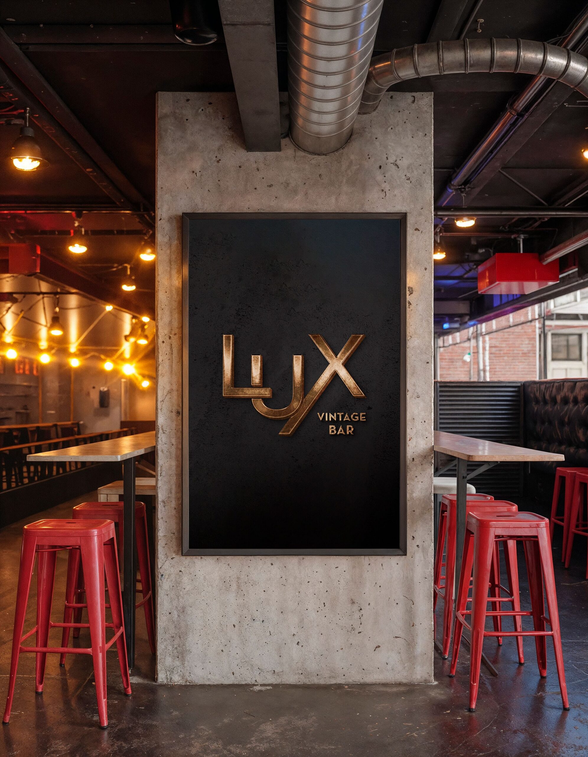 Logotipo Lux Vintage Bar aplicado num parede, dentro de um quadro.